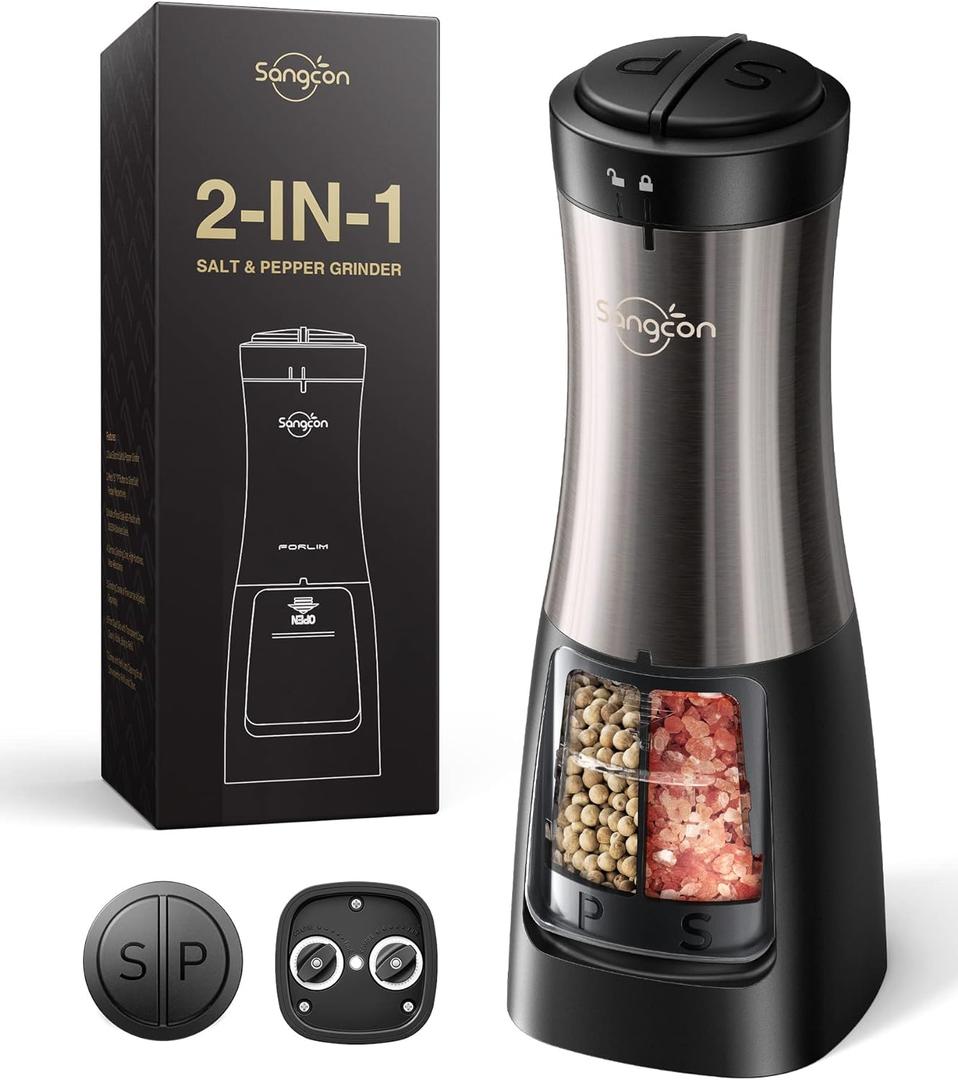Sangcon Electric Salt and Pepper Grinder Set Shaker 2 IN 1 - Automatic Salt and Pepper Grinder Mill, Battery Powered One-Handed Operation Refillable with Light Dual Ceramic Mill