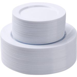 100PCS White Plastic Plates Set, 50 10.25 inch Dinner Plate and 50 7.5 inch Dessert Plates, Premium Disposable Plates for Party, Wedding