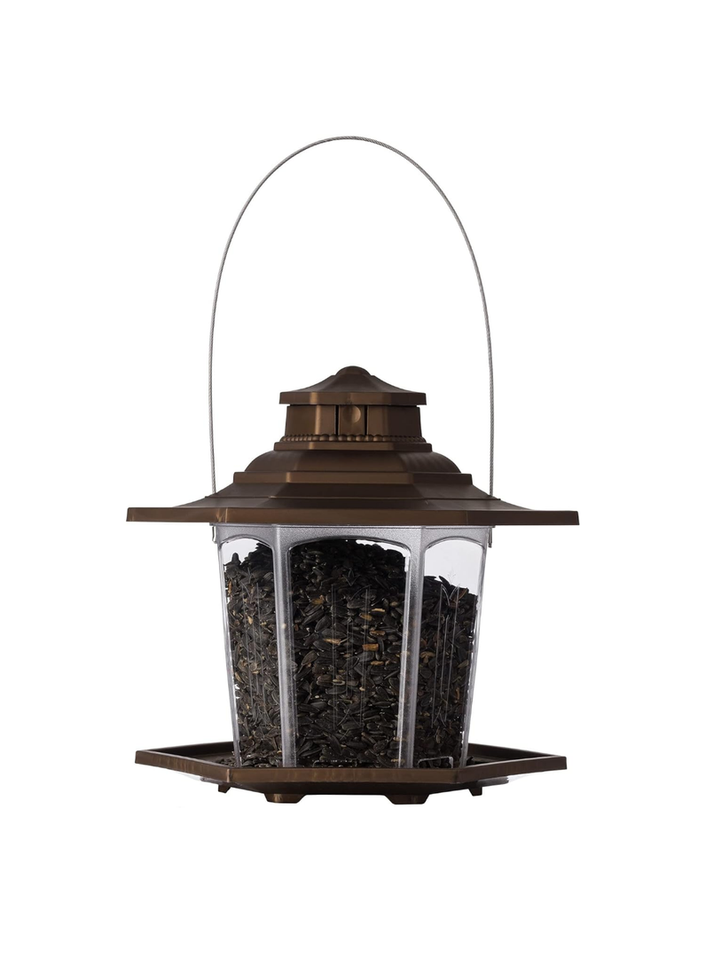 More Birds Small Lantern Bird Feeder, Gazebo-Style Wild Bird Feeder, 6 Feeding Stations, 2.6 lb Seed Capacity, Brown