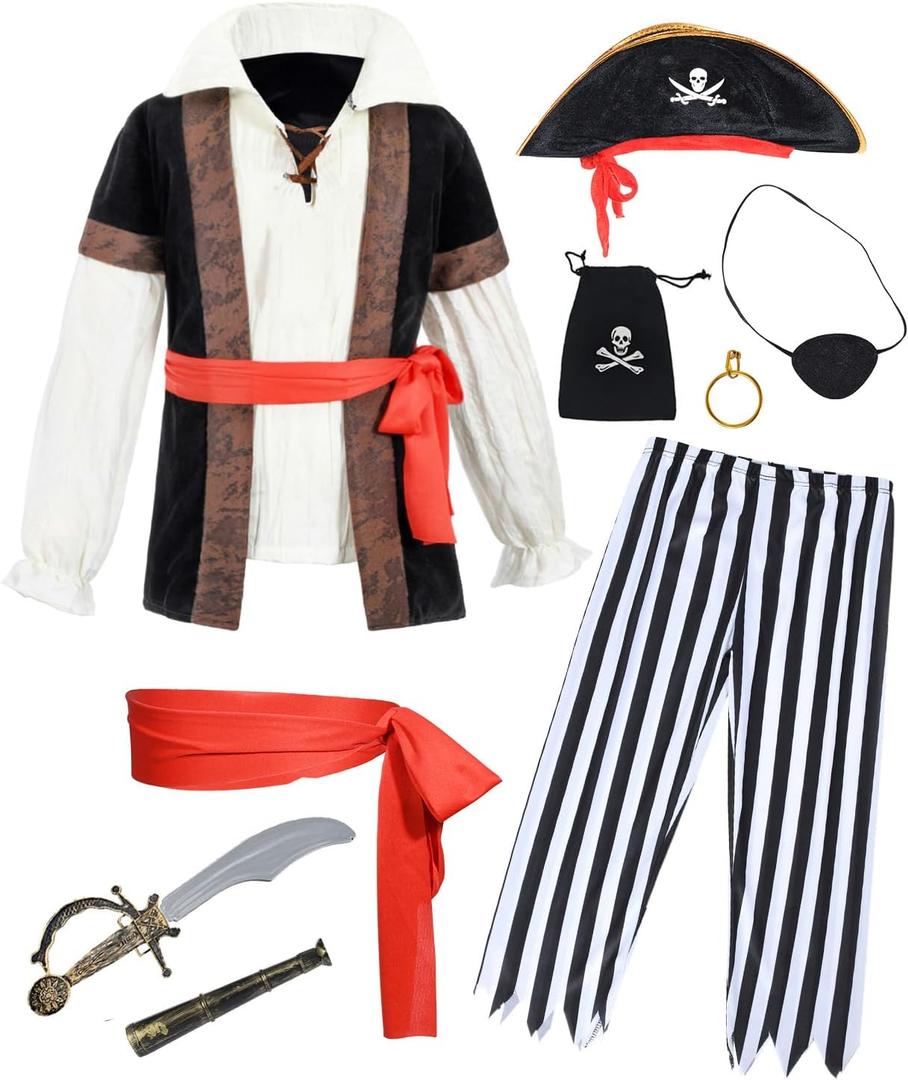 9 PCS Pirate Costume Kids Coat Pants Hat with Accessories Deluxe Set for Party Cosplay 3-12 Years