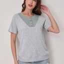 Womens Tops Summer Sweaters Short Sleeve Patchwork V Neck Henley Shirts 2026 Dressy Casual Business Tunic Blouses (Gray, L)