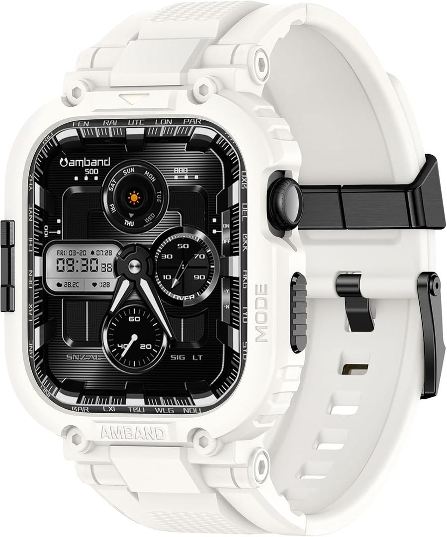 amBand 46mm for Apple Watch Series 11/ 10 Band Case Men, M1 Sport Rugged Heavy Duty Cover Tactical Strap Military Grade Protective Bumper Protector for iWatch 46 mm Men - White