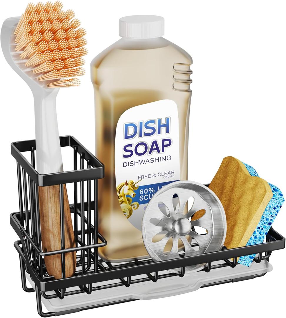 SWTYMIKI Sink Caddy Sponge Holder - Kitchen Sink Organizer with High Brush Holder for Countertop to Hold Dish Soaps and Sponges, Stainless Steel, Black (Medium)