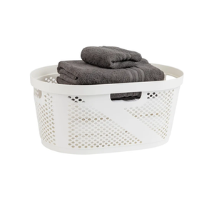 Mind Reader 40L Laundry Basket, Clothes Hamper, Wicker Design, Plastic, 23"L x 14.5"W x 10.5"H, White