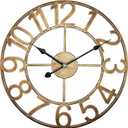 Indoor Outdoor Large Wall Clock，Silent Analog Battery Operated 24 Inch Metal Wall Clock for Patio, Porch, Pool Area, Kitchen, Living Room, Farmhouse Decor - Vintage Gold