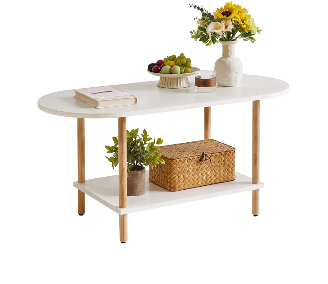 Oval Coffee Table White, Small Wooden Coffee Table for Small Space, Tea Table Stand 35 * 16 * 17 inches, 2 Tier Center Table for Living Room White YD-012W