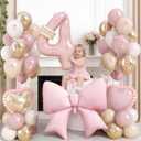 Pink 4 Balloon Number 40 Inch, Dusty Blush Pink Gold Sand White Latex Balloons 4 Year Old Birthday Decoration Bow Heart Foil Balloon Ribbon Bow for Girl Women Boho 4th Birthday Anniversary Party Decor