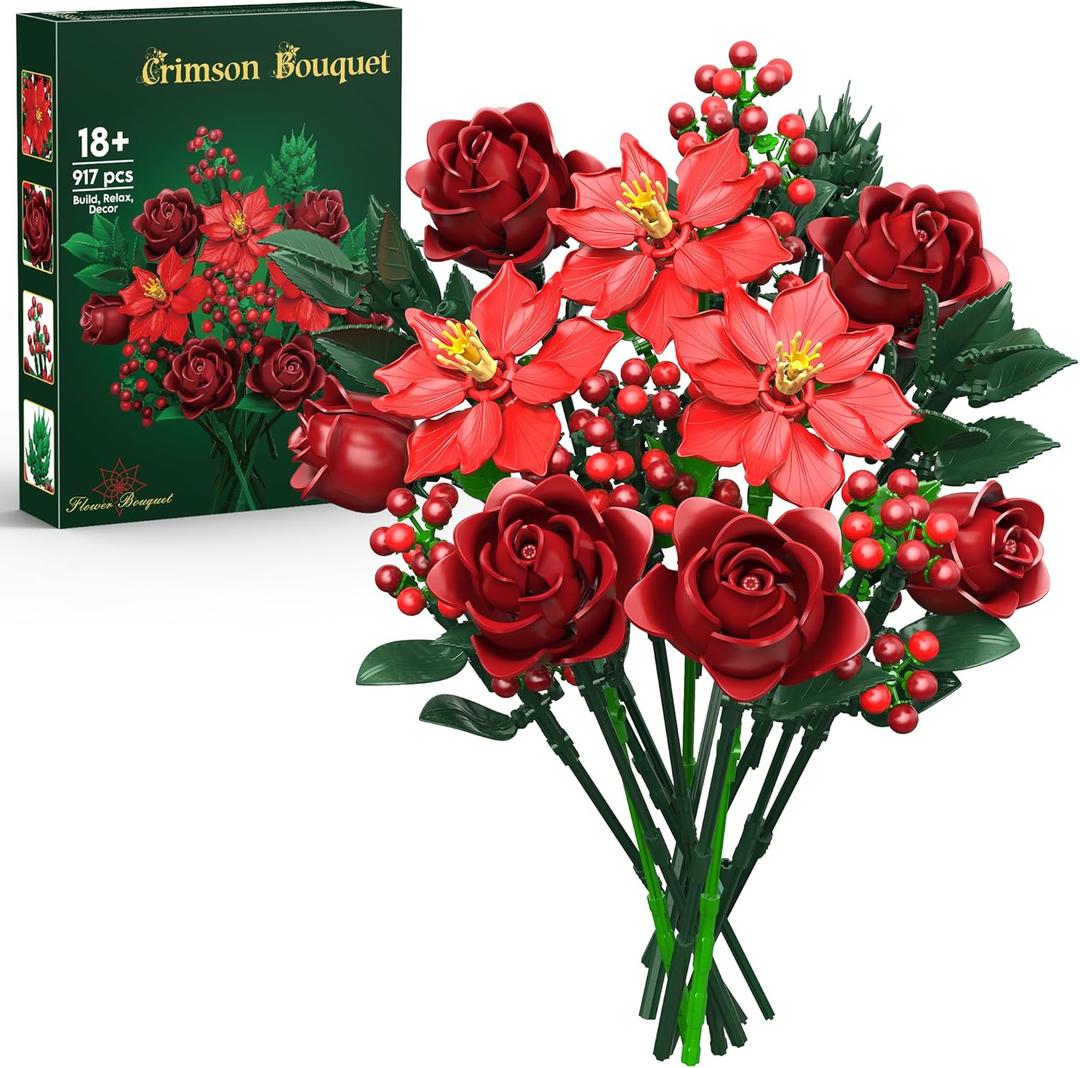 JOJO&Peach Valentines Flowers Rose Bouquet Building Set for Adults, Artificial Poinsettia Botanical Collection for Home Office Display, Festive Birthday Gift Toy for Women, Girl and Teen 18+ (917PCS)