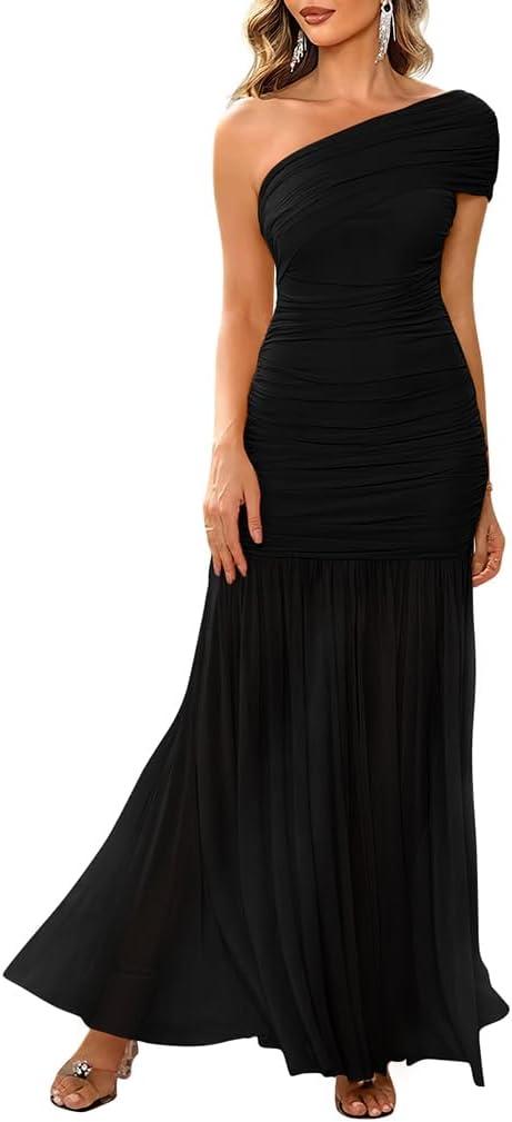 LAGSHIAN Women's Elegant Formal Long Dress One Shoulder Sleeveless Ruched Bodycon Evening Dress, Medium