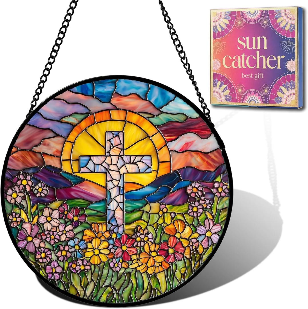 Cross Wildflower Sunset Suncatcher Sun Catchers Indoor Window Gifts 7.8"
