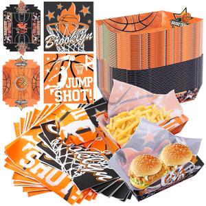 150PCS Basketball Party Food Serving Set - 100 Deli Wax Paper Sheets + 50 Disposable Food Trays - Sports Theme Snack Trays & Greaseproof Wrappers for Game Day, Birthday, Tailgate Party