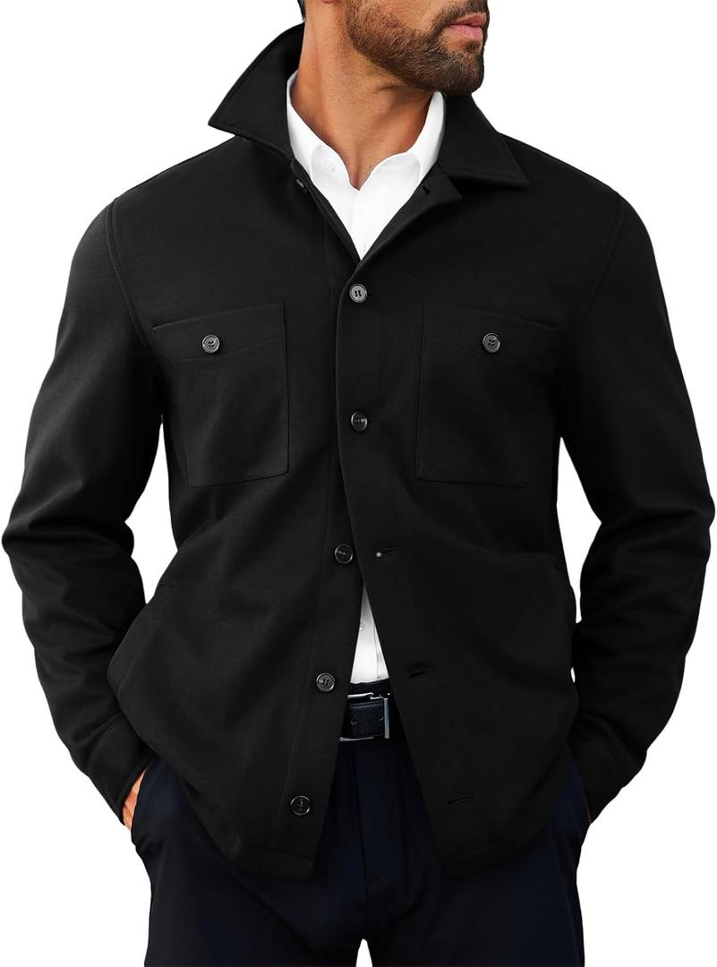 Runcati Mens Lightweight Shirt Jacket Button Down Long Sleeve Shacket Casual Fall Warm Work Stylish Jackets with Pocket (Black, L)