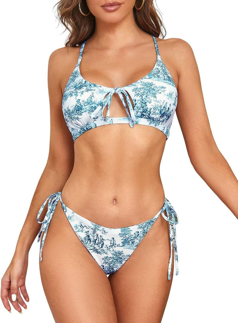 ZAFUL Ribbed Twisted Front Bikini Set for Women Cute Scoop Neck Textured Two Piece Swimsuits Sport Tank Bathing Suit (S)