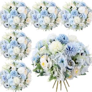 Tigeen 6 Bundles Artificial Bouquet Flowers Artificial Peonies Faux Roses Hydrangea Flowers Bouquet for Wedding Table Centerpiece Floral Vase Decor (White, Blue)