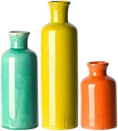 Colorful Ceramic Vase Set Home Decor - Set of 3 Flower Vases, Farmhouse Vases for Decor,Colorful Vase for Living Room,Office,Centerpiece Table Decorations,Boho Flower Mexican Pottery for Wedding