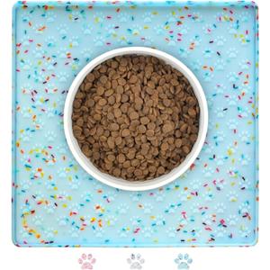 Ptlom Dog Food Mat Anti-Slip Dog Bowl Mats for Food and Water, Waterproof Pet Placemat Prevents Messy Spill to Floor, Silicone Puppy Feeding Tray for Small, Medium and Large Dogs Cats, Blue (11.8"L x 11.8"W)