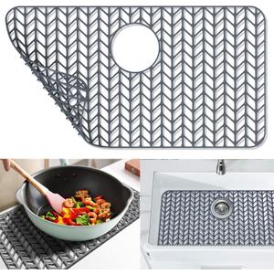 Sink Protectors for Kitchen Sink 12"13"16"18"19"24"26"28"29"30",Silicone kitchen sink mats protector for bottom of farmhouse sink(26"x14"Rear Drain Gray)