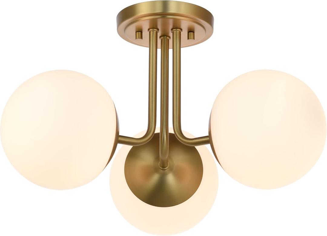 3 Light Semi Flush Mount Ceiling Light Fixture Aged Brass, Modern Globe Chandelier, Sputnik Farmhouse Lighting for Kitchen Bedroom Bathroom Living Room Corridor Laundry Room Bar