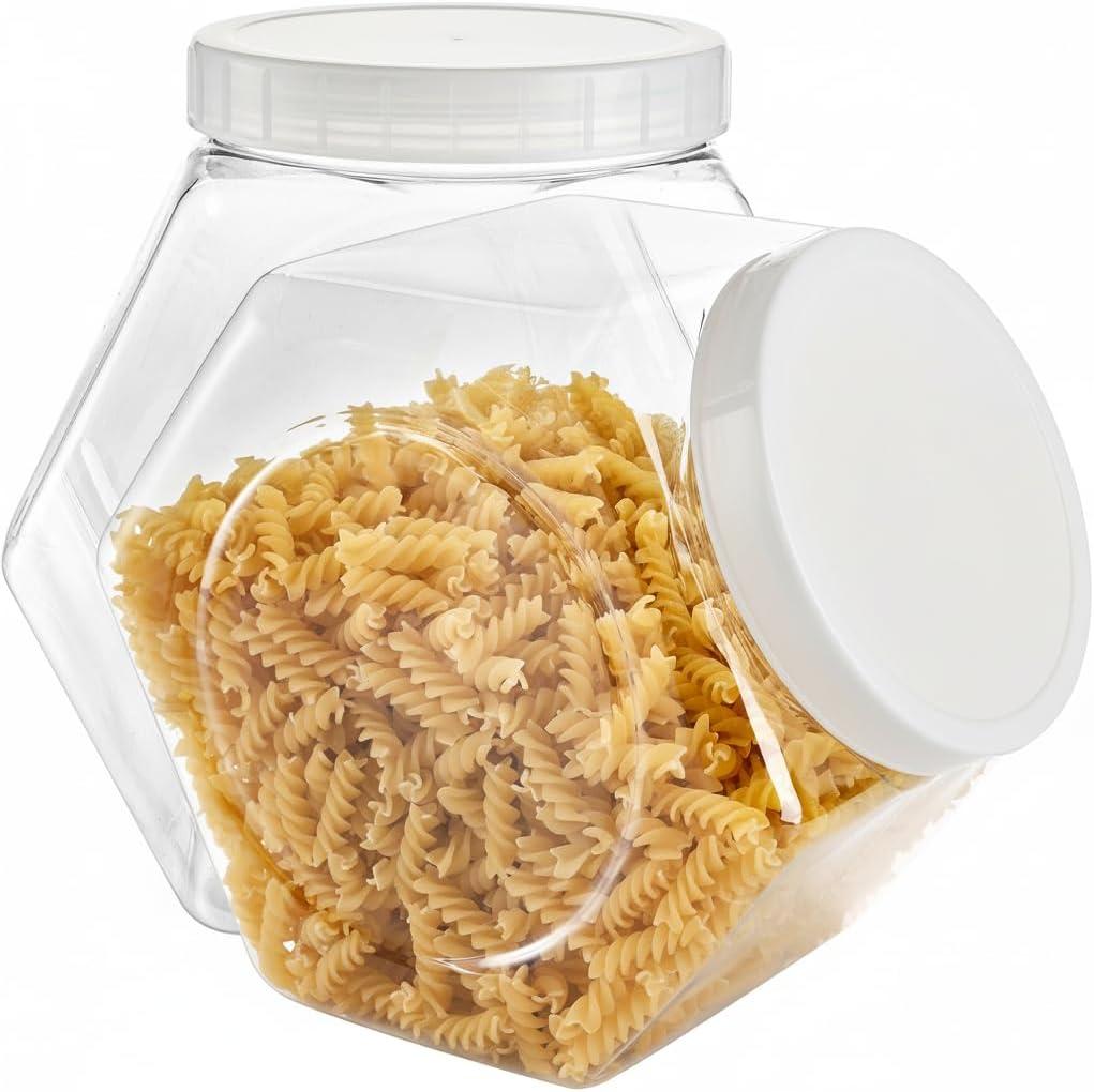 SOUJOY 2 Pack Plastic Candy Jar with Lid, 1 Gallon Cookie Containers for Kitchen Counter, Clear Hexagon Candy Display for Snacks, Dog Treats, Craft and Sewing Supplies, Coffee Pod, Laundry Pod