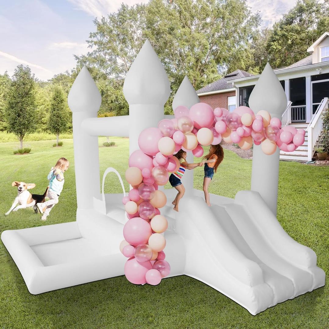 AKSPORT White Bounce House Castle Inflatable Jumping Castle with Slide & Air Blower for Kid, Wedding, Birthday Party Castle, 9 * 9 * 7FT AKSPORT White Bounce House Castle Inflatable Jumping Castle with Slide & Air Blower for Kid, Wedding, Birthday Party Castle, 9 * 9 * 7FT