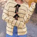 Saodimallsu Womens Striped Tie Front Cardigan Sweaters Crew Neck Long Sleeve Cable Knit Bow Knot Trendy Sweater Tops (Beige)