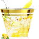 100-Pack Premium 9 oz Double Gold Rimmed Disposable Plastic Cups for Parties, Dinners, Weddings. Excellent Disposable Wine Glasses, Cocktails, Champagne