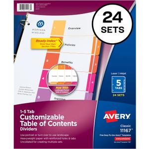 Avery 5 Tab Dividers for 3 Ring Binders, Customizable Table of Contents, Multicolor Tabs, 24 Sets (11167)