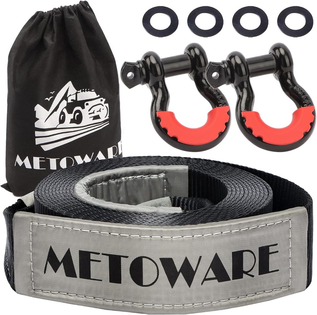 METOWARE Recovery Tow Strap Kit 3" x 20ft, Heavy Duty Recovery Strap 35,000lbs Break Strength with 3/4" D Ring Shackles(2pcs) & Storage Bag, Emergency Off Road Towing Rope for SUV, UTV, ATV, Truck (3"x20ft, Shackle+Strap)