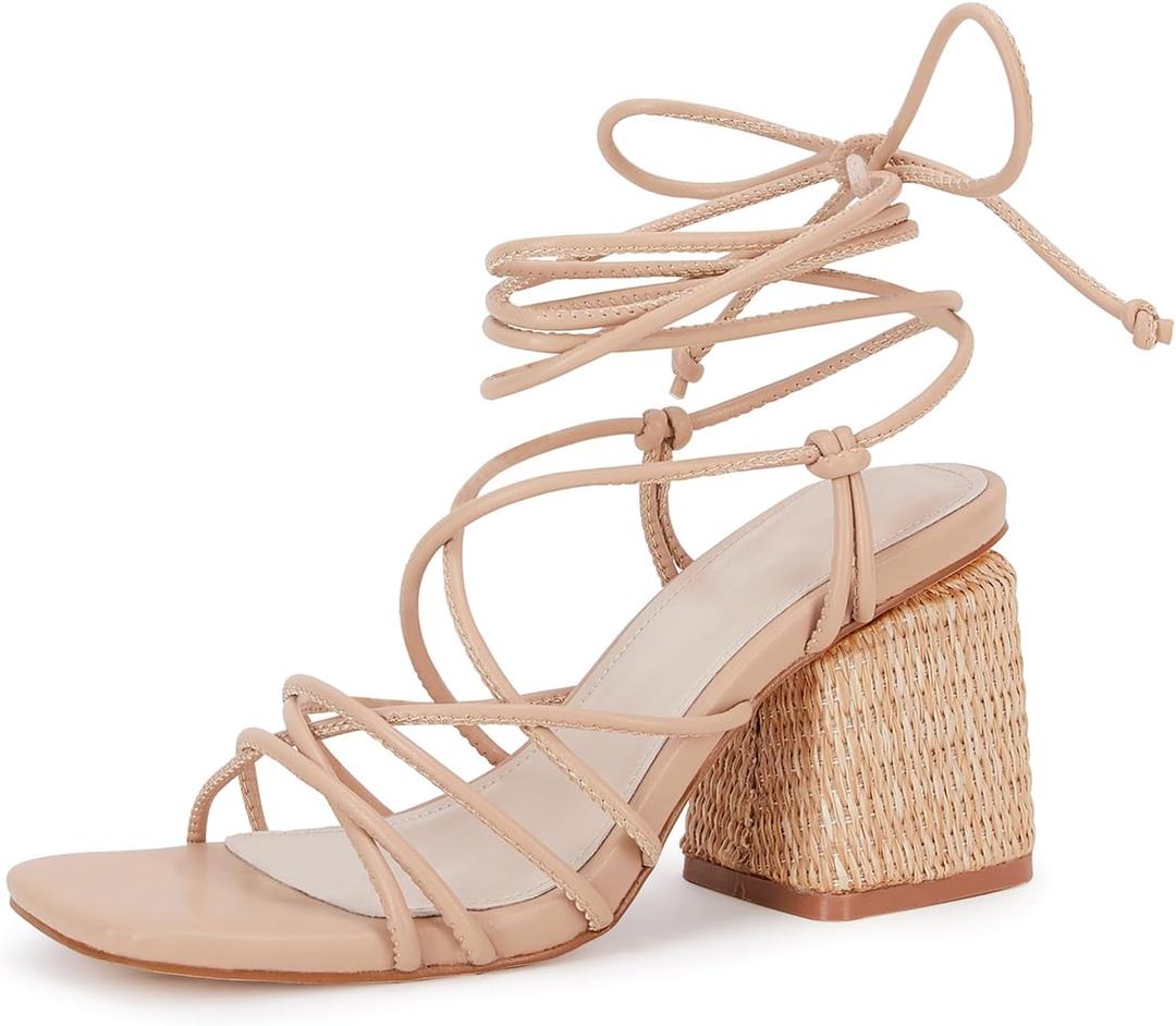 PiePieBuy Women's Lace Up Chunky Braided Heel Sandals Square Toe Strappy Ankle Strap Heels (8, Khaki)