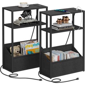 TUTOTAK Narrow Side Table, Small End Table Set of 2 with Charging Station, Nightstand with Fabric Basket, Bedside Table for Small Space, Livingroom, Bedroom Black TB01BK0952
