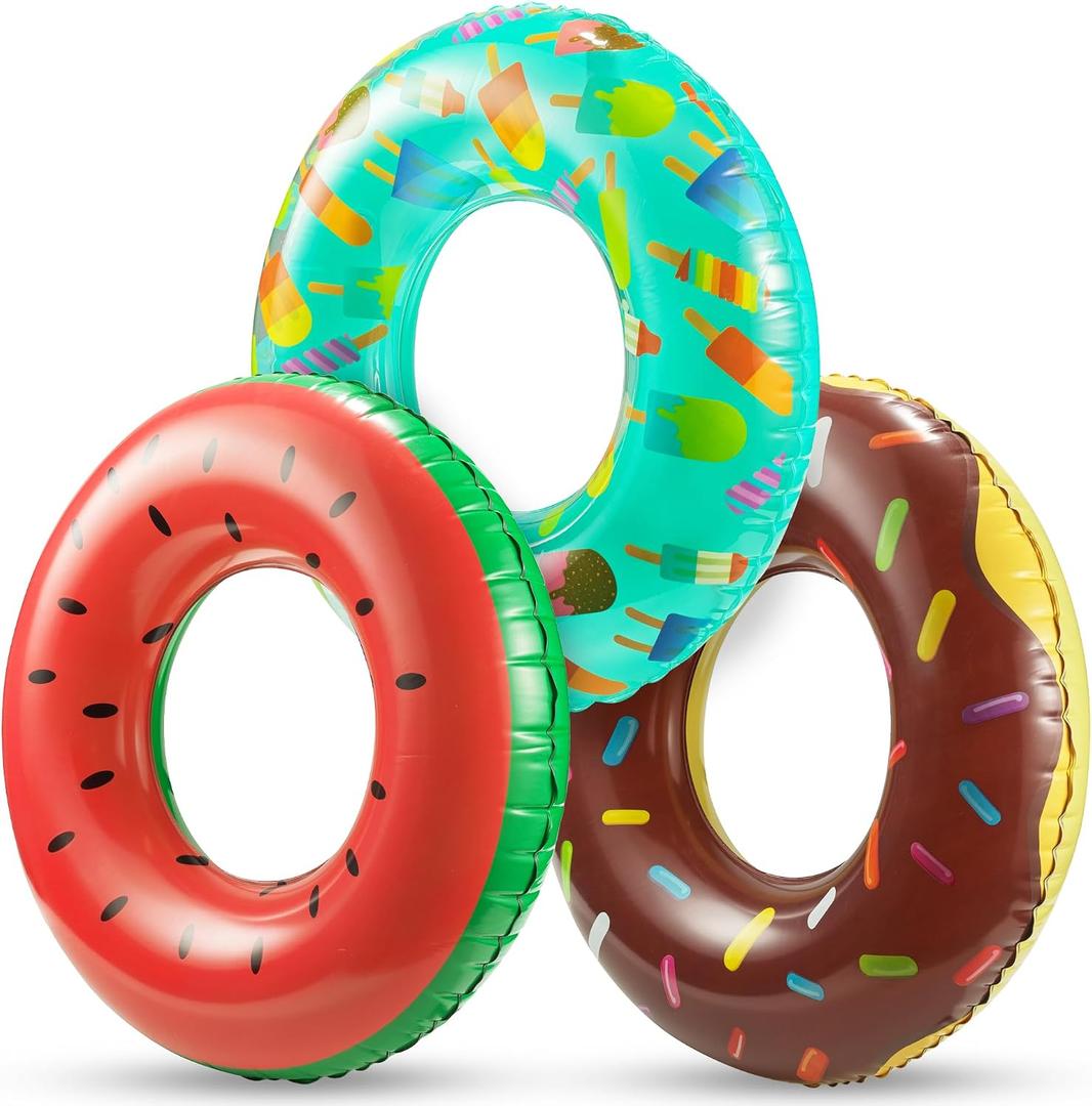 Pool Floats Kids (3 Pack) - Inflatable Pool Floaties, Inner Swim Tube Rings - Fun Designs, Swimming Raft Toys, Summer Birthday Party Decorations