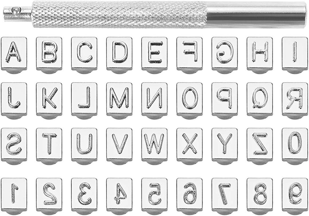 Yoption 36Pcs Leathercraft Metal Letter and Number Stamps Punch Set Tool, 26 Letters Alphabet & 10 Numbers Imprinted Metal Leather Punching Tools for Leather Belt Bag Hat Shoes Craft Marking (6mm)