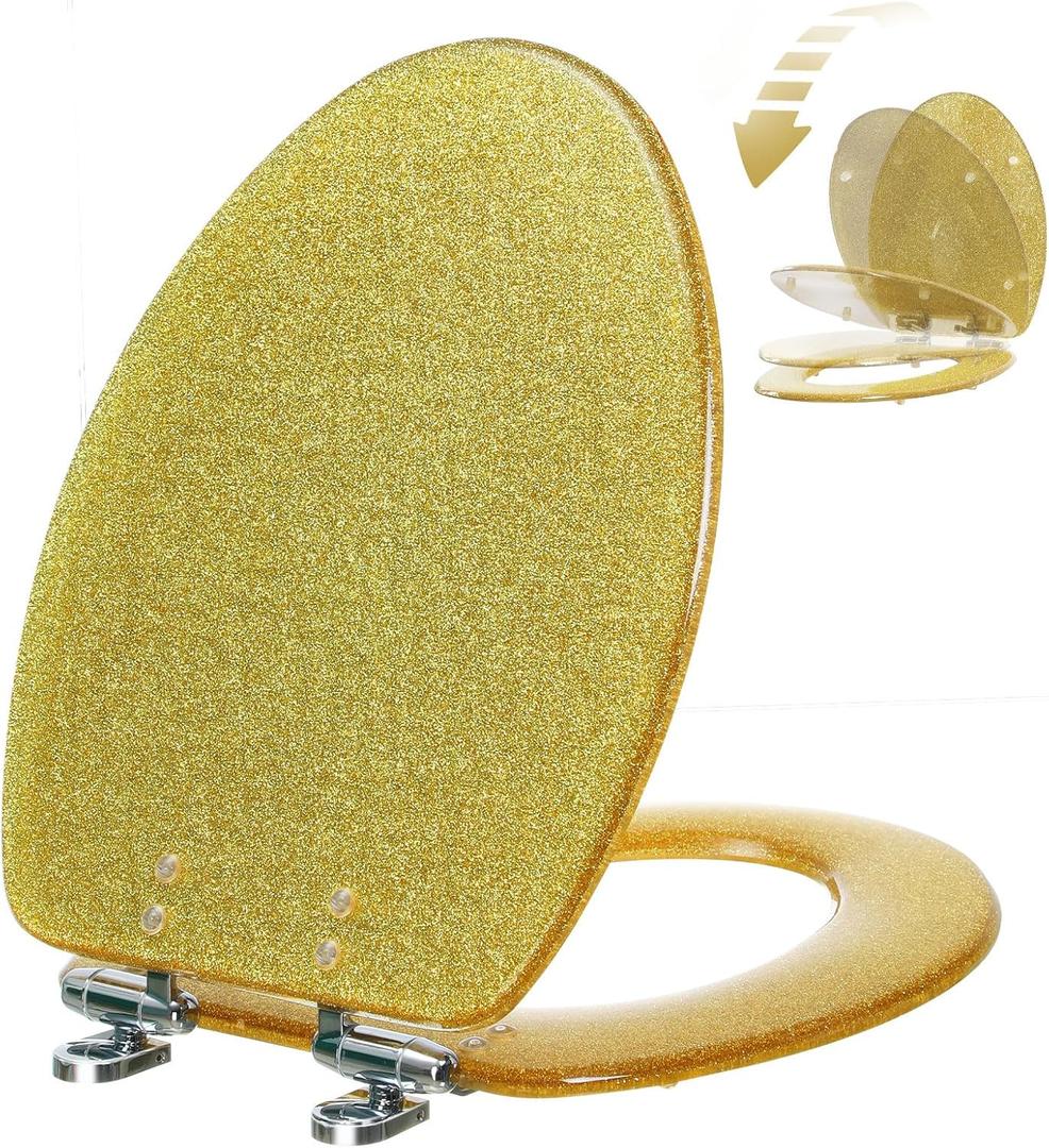 Angol Shiold ELONGATED Gold Glitter Resin Toilet Seat Soft Close Quick Release Adjustable Hinge Heavy Duty Easy Install & Clean Decorative Acrylic Seats(19 Inch, Gold Glitter, Upgraded Hinge)
