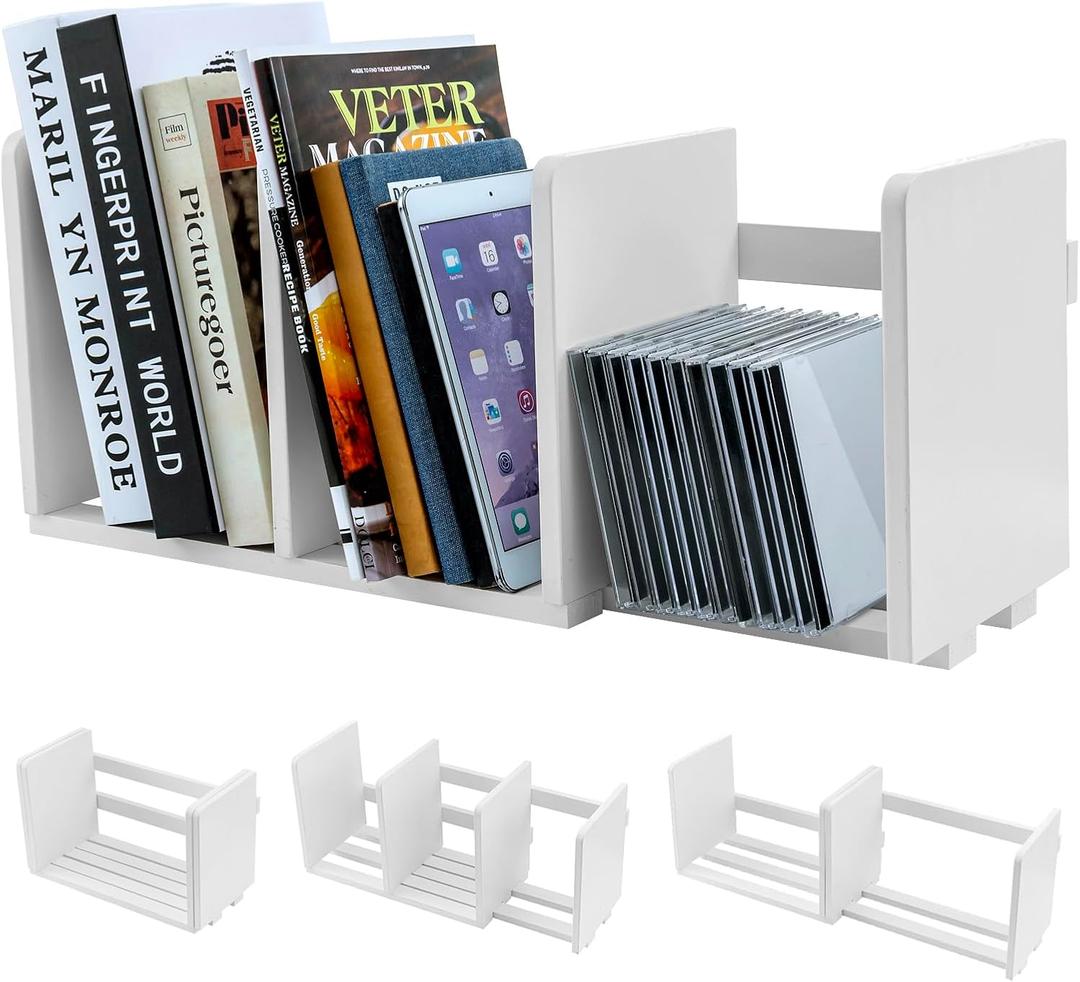 MyGift White Wood Desktop Bookshelf Organizer, Expandable Adjustable Display Shelf Book Rack