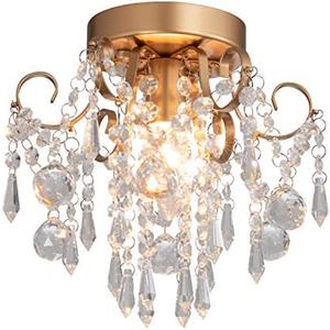 Q&S Mini Chandelier Crystal Ceiling Light,Small Flush Mount Gold Light Fixture for Entryway Bedroom Barthroom Hallway Closet E26
