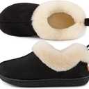 HomeTop Women's Closed-back Slippers Faux Wool Warm Non-slip Outdoor Indoor House Shoes with Fuzzy Collar (7-8), Timeless Black 