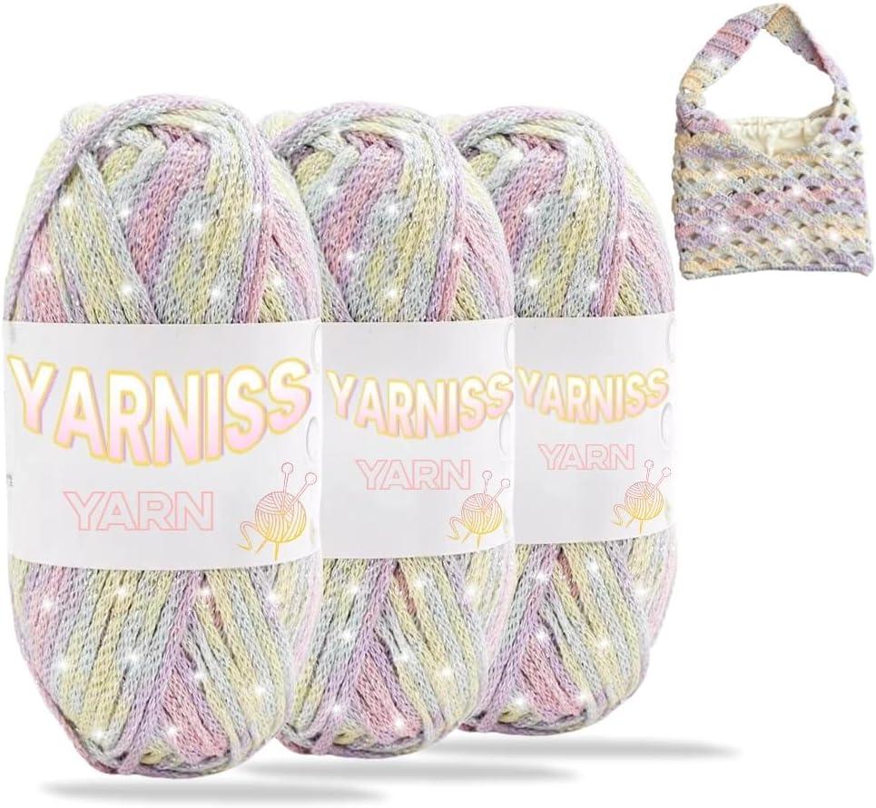 Yarniss Metallic Crochet Yarn for Knitting, Round Hollow Cotton Sparkle Yarn for Bag 3 Skeins of 100g/82yds(Rainbow)