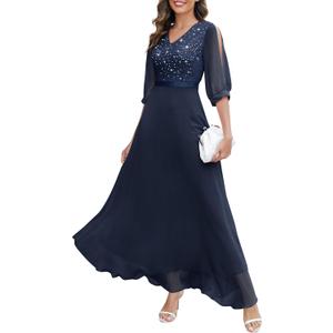 Wedtrend Women's Sequin Dresses Sparkly Glitter Dress Split Sleeves Formal Dresses Maxi Evening Dress (Navy) XL