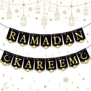 Ramadan Mubarak Banner Party Decorations Black Gold Moon Lantern Hanging Bunting Ramadan Kareem Hanging Banner Party Supply for Home Wall Window Door Fireplace Mantle Ramadan EID Party Favor