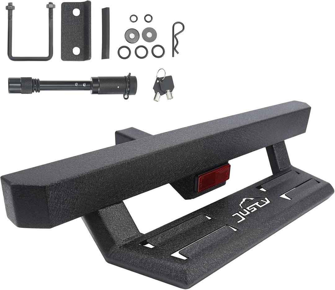 Just-V Hitch Step for Pickup Truck Trailer Tow Hitch Step Textured Black Non-Slip Strong Steel Rear Bumper Step Hitch with Pin Lock U-Bolts 2" Hitch Receiver Stabilize 220LBS Maximum Load