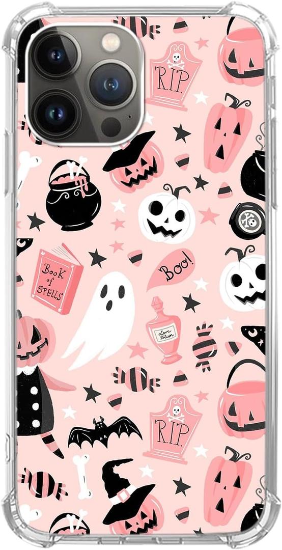 Pink Halloween Pumpkin Ghost Case Compatible with iPhone 15 Pro, Witchy Pumpkin Halloween Boo Cover for iPhone 15 Pro, Cool Cute TPU Bumper Phone Case Cover for iPhone 15 Pro