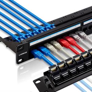 24 Port RJ45 Patch Panel Cat6 Feed Through, Coupler Network Panel 19 Inch, Inline Keystone Ethernet Patch Panel with Back Bar (Black)