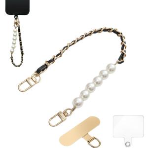Original Korean Chic Pearl Gold Leather Phone Charm, Versatile with Premium Gold Metal Phone Tab (Classic Black)