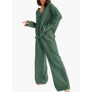 Womens Cotton Gauze Loungewear Sets Casual 2 Piece Sleepwear Button Down Shirt and Wide Leg Pants Outfits size S