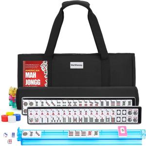 American Mahjong Tile Set, 166 White Tiles Mahjong Set, 4 Colors Mahjong Racks, Travel Mahjong Set with Black Carrying Bag
