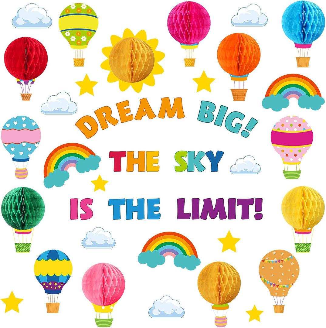 Funrous 82 Pcs Colorful 3D Hot Air Balloon Honeycomb Bulletin Board Set Hot Air Balloon Cloud Rainbow Sun Cutouts Honeycomb Bulletin Board for Preschool Kindergarten Back to School Classroom Supplies