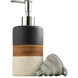 Dish Soap Dispenser Set with Silicone Funnel, Hand Soap, Shampoo, Body Wash, Ceramic Liquid Soap Dispenser for Kitchen and Bathroom Countertops, Stainless Steel Pump, Non Slip, 12 Oz, Black