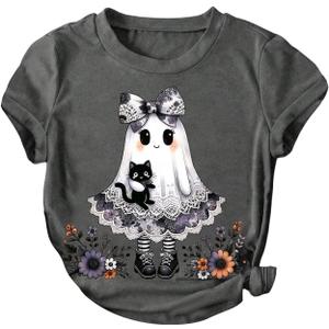 SHENHE Women's Ghost Shirt Funny Graphic Crewneck Short Sleeve Spooky Season Tee Top (Gray, L)