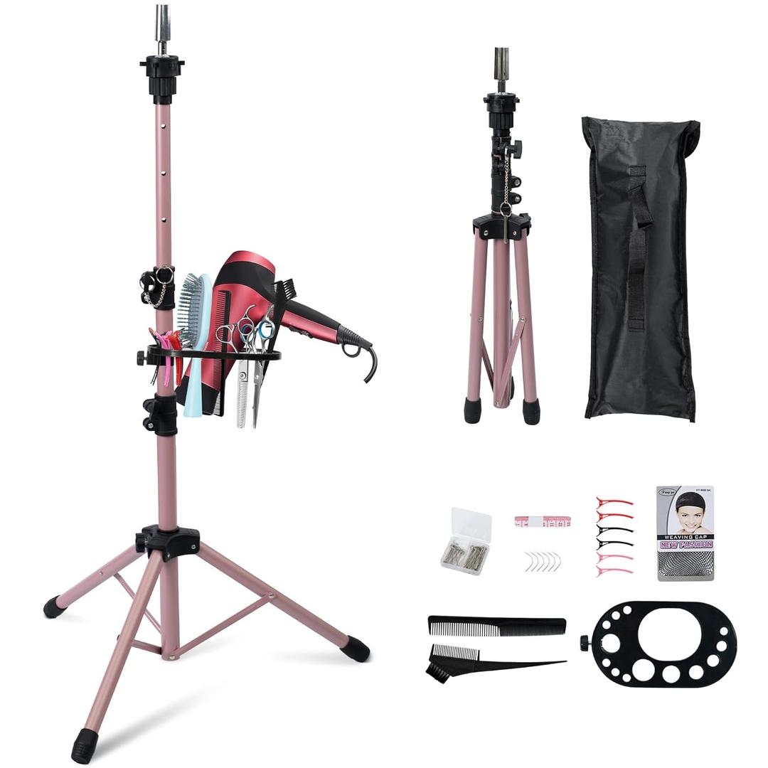 Klvied Wig Stand Tripod Upgraded, Mannequin Head Stand Double Locking, Reinforced Metal Wig Head Stand with Tool Tray, Rose Gold (53.5 Inches)