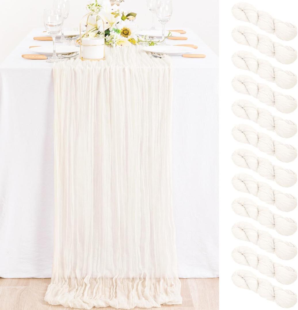 MLMC 12 Pack Ivory White Cheesecloth Table Runner Rustic Gauze White Cheese Cloth Table Runner 10ft Boho Cheese Cloth Centerpiece 35x120 Inches for Dessert Anniversary Wedding Bridal Shower Decor